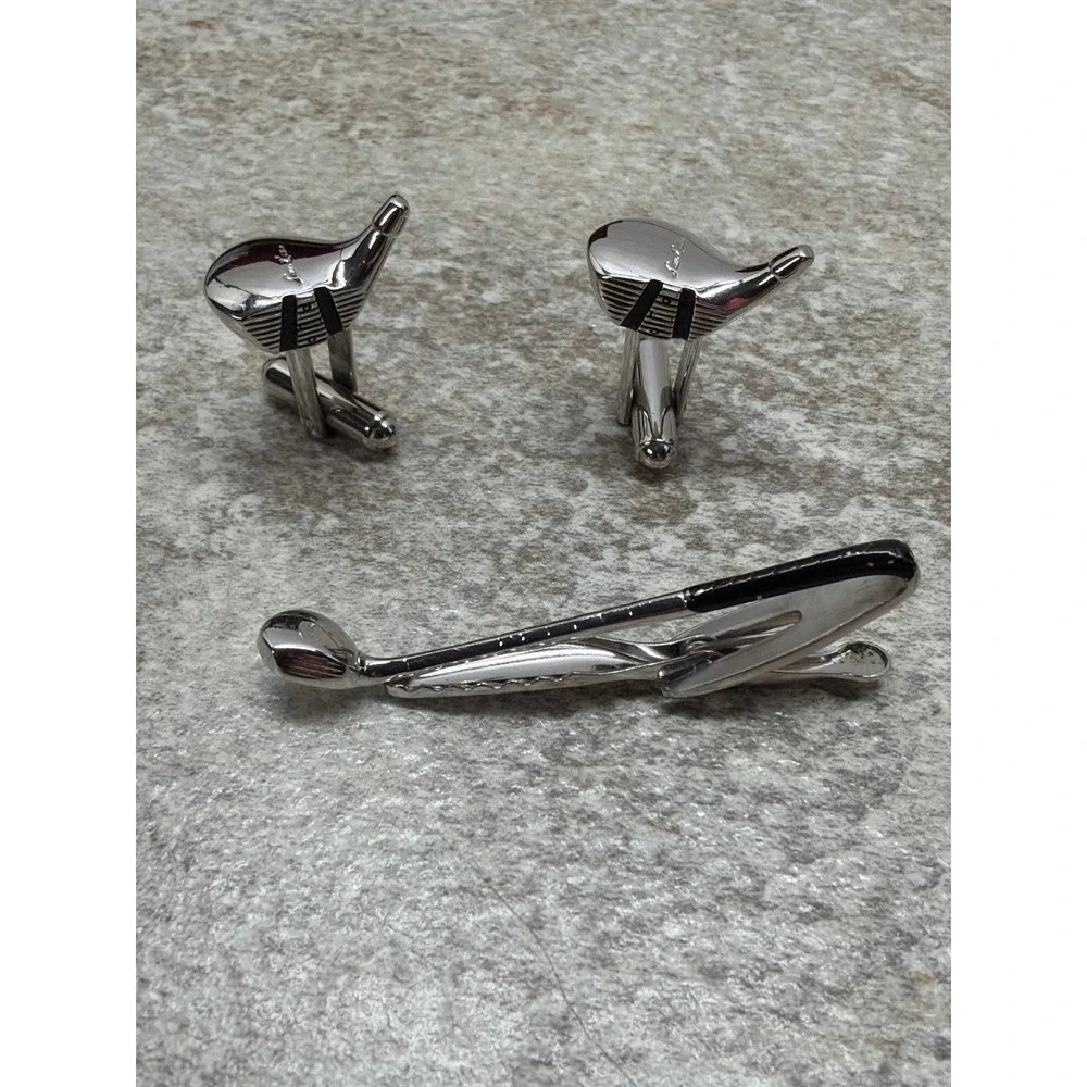 Hickok USA Vintage Silver Tone Golf Club Cufflinks and Tie Clip Set Mens Jewelry